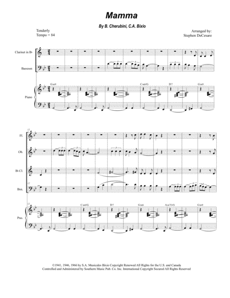 Free Sheet Music Mamma For Woodwind Quartet And Piano