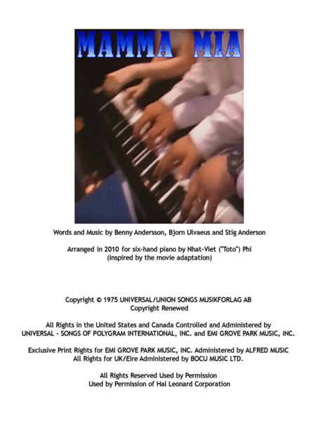 Mamma Mia 6 Hand Piano Arrangement Sheet Music