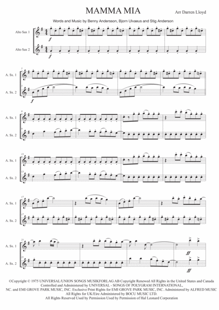 Mamma Mia Alto Sax Duet Sheet Music