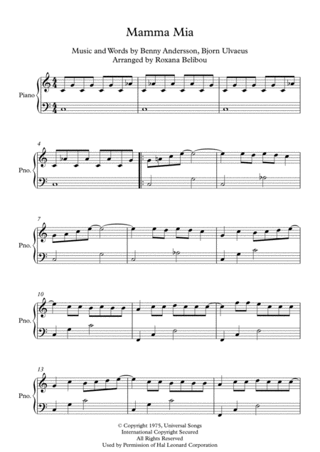 Mamma Mia C Major By Abba Easy Piano Sheet Music