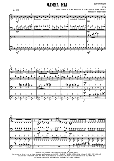 Mamma Mia Cello Quartet Sheet Music