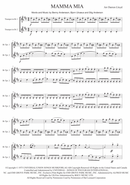 Free Sheet Music Mamma Mia Duet For 2 Trumpets