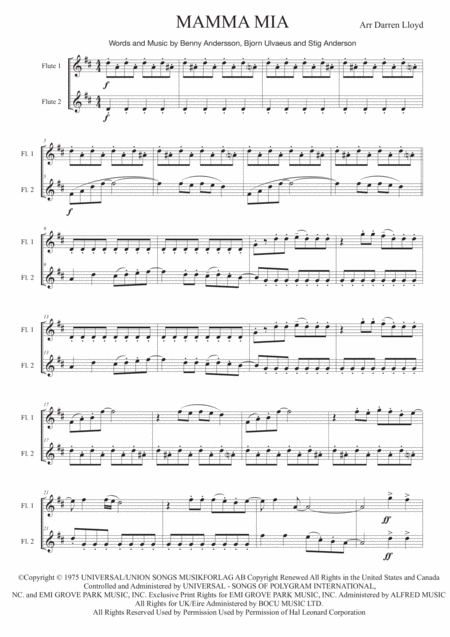 Free Sheet Music Mamma Mia Duet For Two Flutes