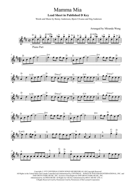 Mamma Mia Flute And Piano Accompaniment With Chords Sheet Music