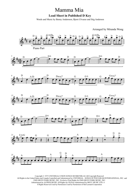 Mamma Mia Flute Or Oboe Solo With Chords Sheet Music