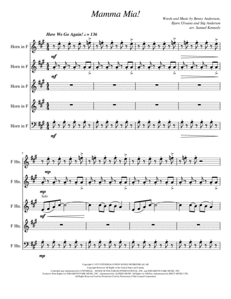 Free Sheet Music Mamma Mia For Horn Quintet