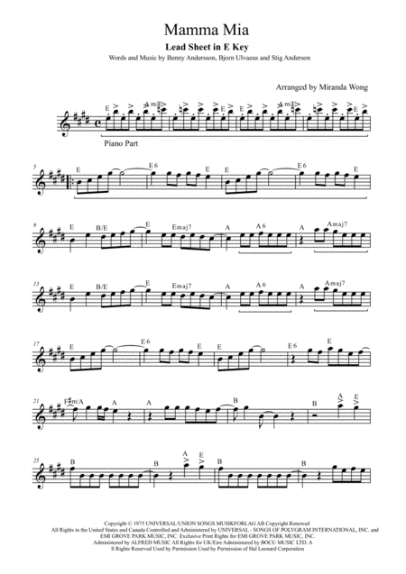 Mamma Mia Saxophone Solo Sheet Music