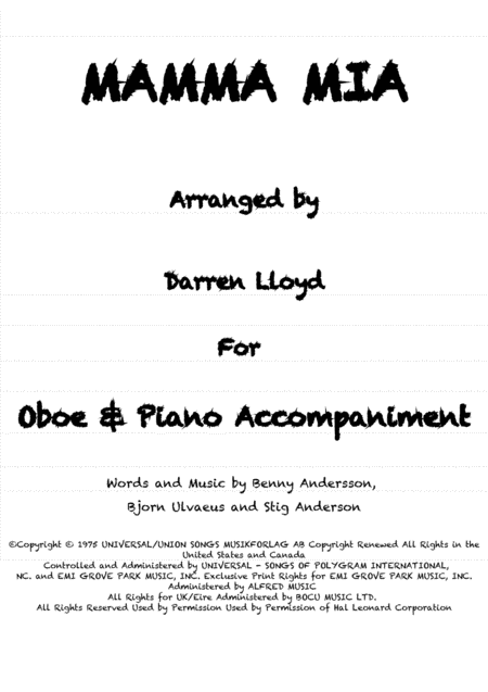 Mamma Mia Solo Oboe Piano Sheet Music