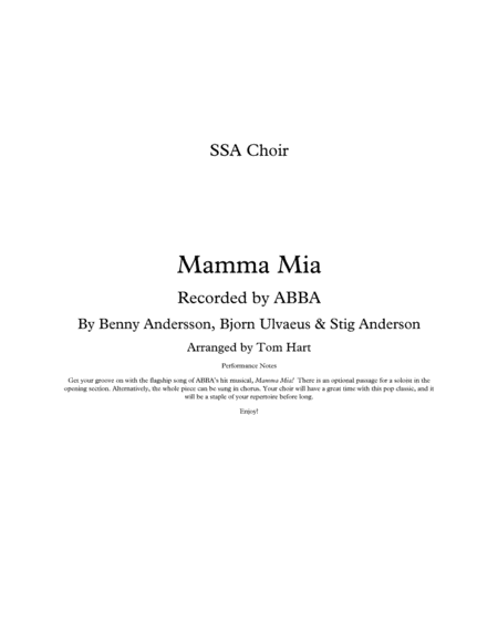 Mamma Mia Ssa Choir Sheet Music