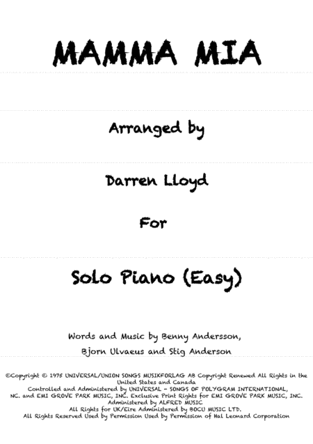 Mamma Mia Very Easy Solo Piano Sheet Music