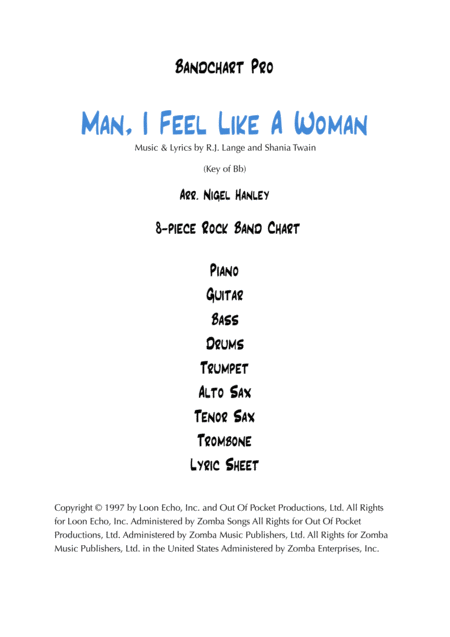 Man I Feel Like A Woman 8pc Rock Band Chart Sheet Music