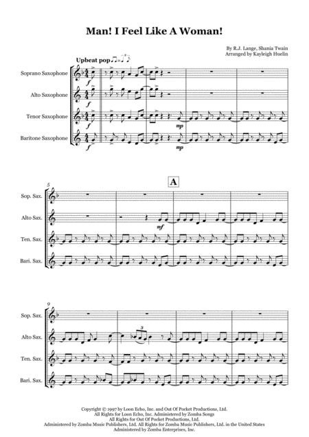 Free Sheet Music Man I Feel Like A Woman By Shania Twain Saxophone Quartet Satb