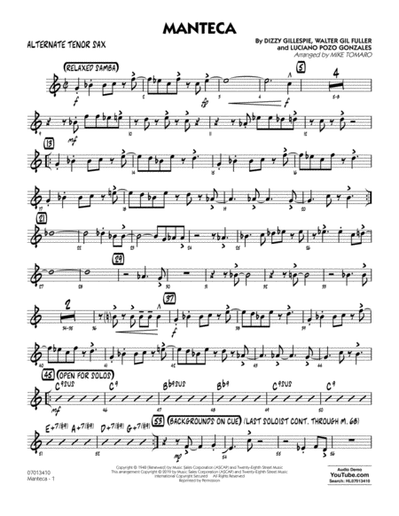 Free Sheet Music Manteca Arr Mike Tomaro Alternate Tenor Sax