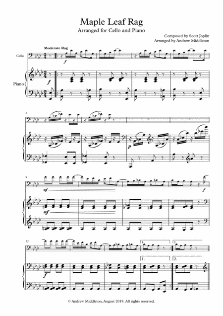 Free Sheet Music Maple Leaf Rag Arranged For Cello And Piano