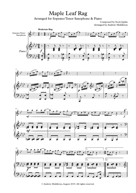 Free Sheet Music Maple Leaf Rag Arranged For Soprano Saxophone And Piano