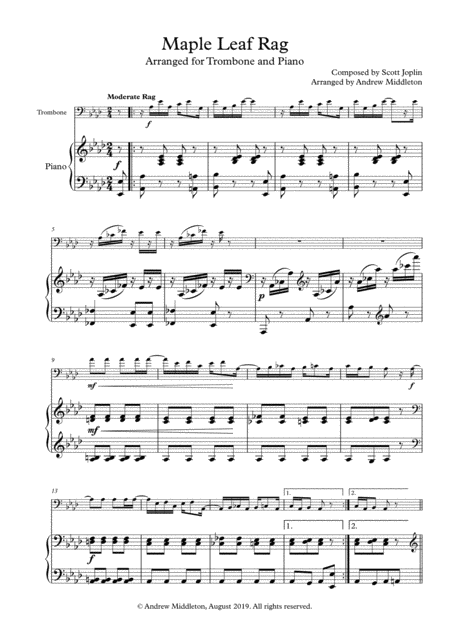 Maple Leaf Rag Arranged For Trombone And Piano Sheet Music