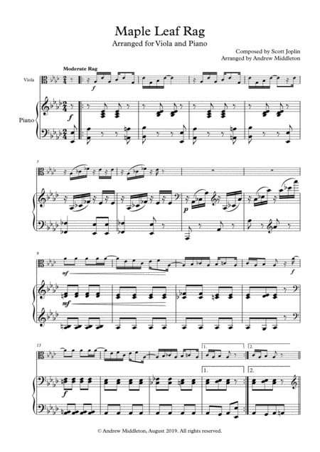 Maple Leaf Rag Arranged For Viola And Piano Sheet Music