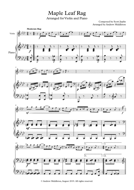 Free Sheet Music Maple Leaf Rag Arranged For Violin And Piano