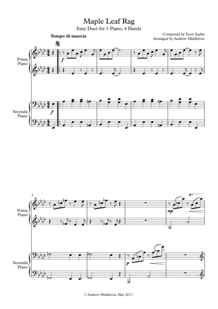 Free Sheet Music Maple Leaf Rag Easy Piano Duet