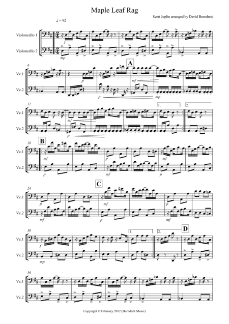 Free Sheet Music Maple Leaf Rag For Cello Duet