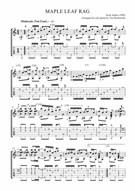 Maple Leaf Rag In C Major Arranged For Guitar Solo Sheet Music