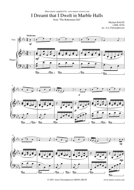 Free Sheet Music Marble Halls From The Bohemian Girl Flute And Piano Eb Major