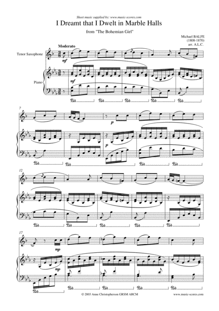 Free Sheet Music Marble Halls From The Bohemian Girl Tenor Saxophone And Piano