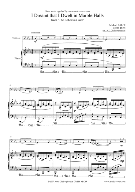 Marble Halls From The Bohemian Girl Trombone And Piano Sheet Music