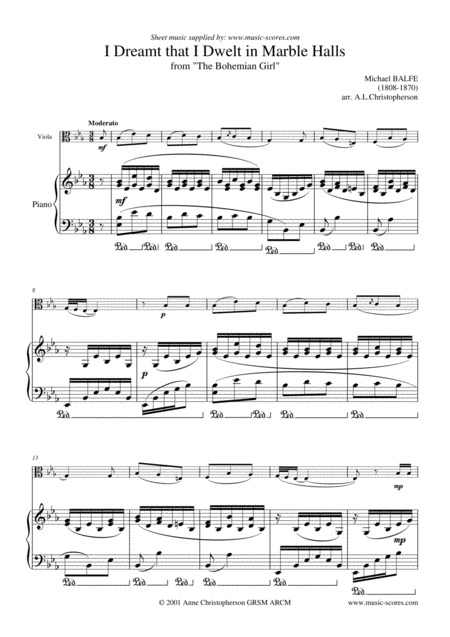 Marble Halls From The Bohemian Girl Viola And Piano Sheet Music