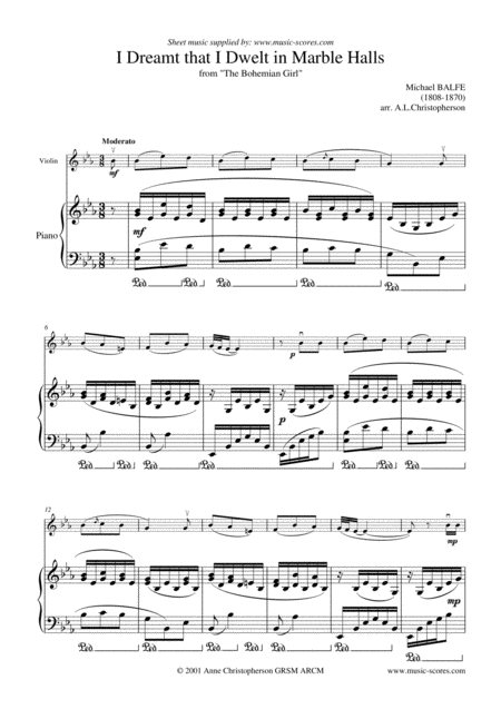 Free Sheet Music Marble Halls From The Bohemian Girl Violin And Piano