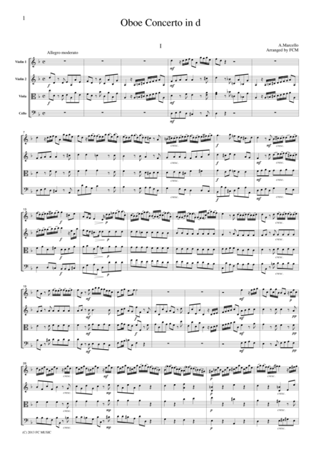 Marcello Oboe Concerto In D For String Quartet Cm601 Sheet Music