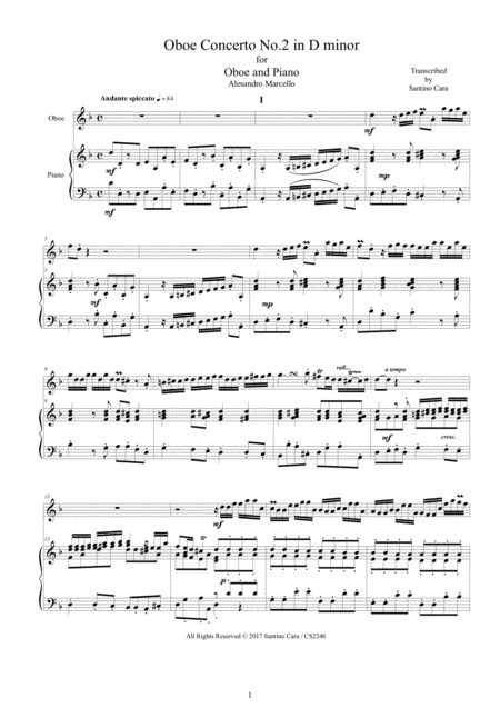 Free Sheet Music Marcello Oboe Concerto In D Minor For Oboe And Piano