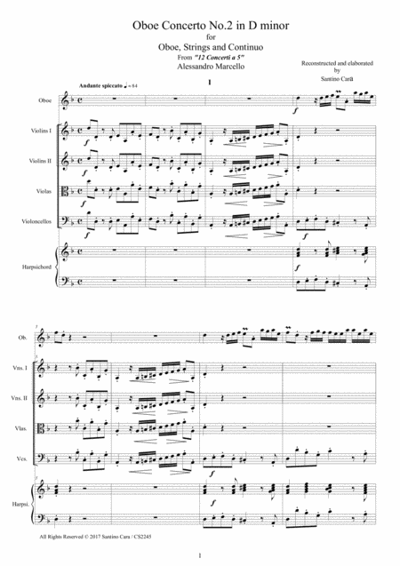 Marcello Oboe Concerto In D Minor For Oboe Strings And Continuo Score And Parts Sheet Music