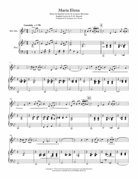 Free Sheet Music Maria Elena For Alto Saxophone Solo With Piano Accompaniment Nat King Cole Waltz
