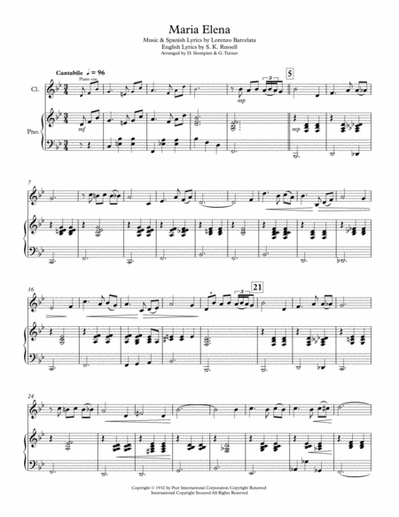 Maria Elena For Clarinet Solo With Piano Accompaniment Nat King Cole Waltz Sheet Music