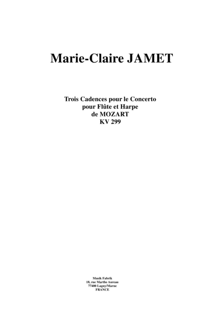 Marie Claire Jamet Three Cadenzas For Mozarts Flute And Harp Concerto K 299 Sheet Music