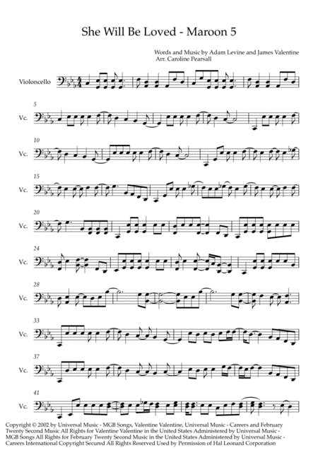 Free Sheet Music Maroon 5 She Will Be Loved Cello Solo