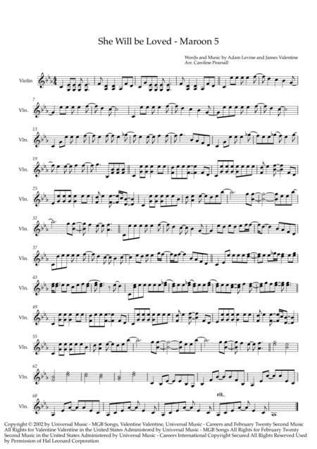 Maroon 5 She Will Be Loved Violin Solo Sheet Music