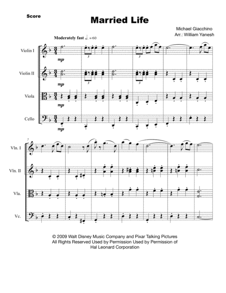 Married Life From Up For String Quartet Sheet Music