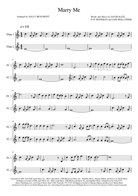 Marry Me Train Two Flutes Flute Duet Sheet Music