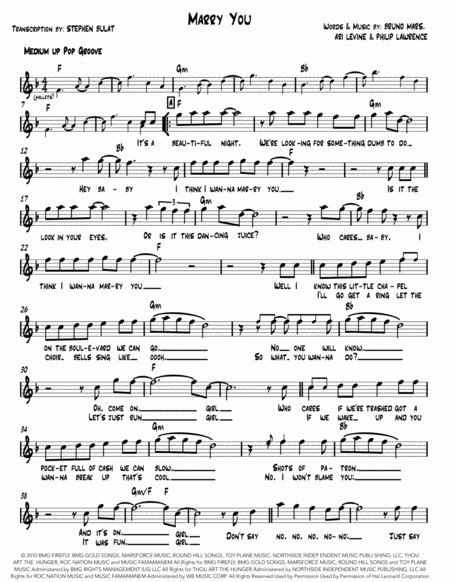 Marry You Bruno Mars Lead Sheet In Original Key Of F Sheet Music