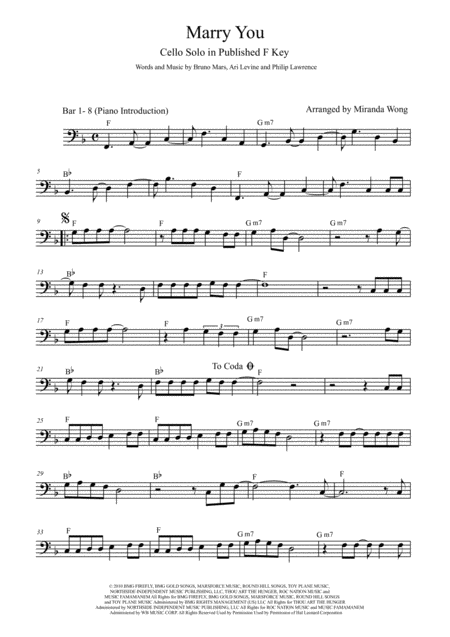 Free Sheet Music Marry You Lead Sheet For Cello And Piano In Published F Key