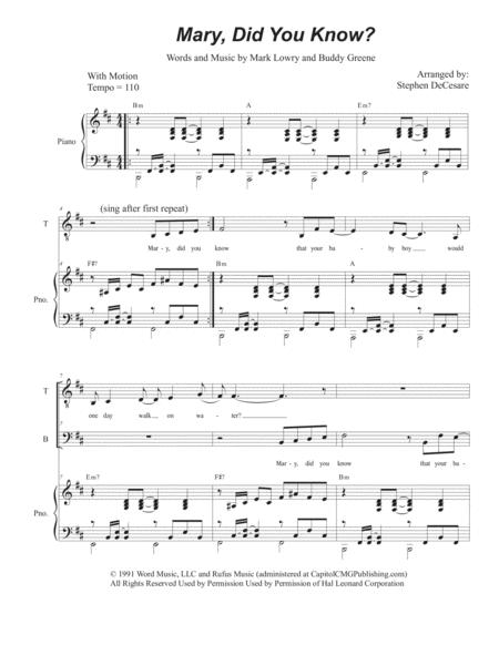 Mary Did You Know 2 Part Choir Tb Lower Key Sheet Music