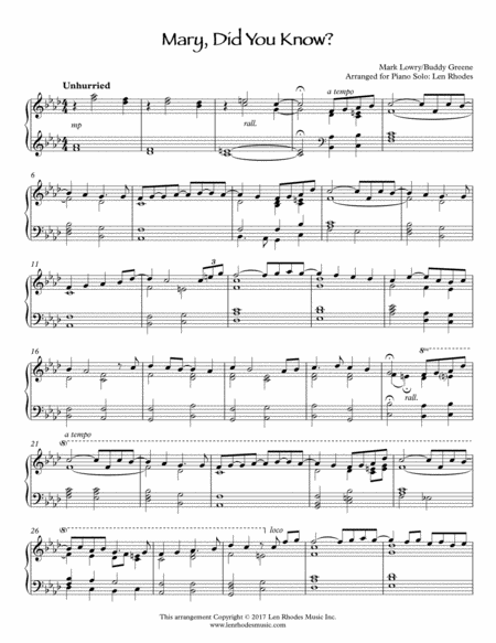 Free Sheet Music Mary Did You Know A Contemporary Arrangement For Piano Solo