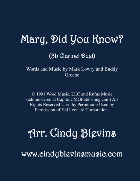 Mary Did You Know Arranged For Bb Clarinet Duet Sheet Music