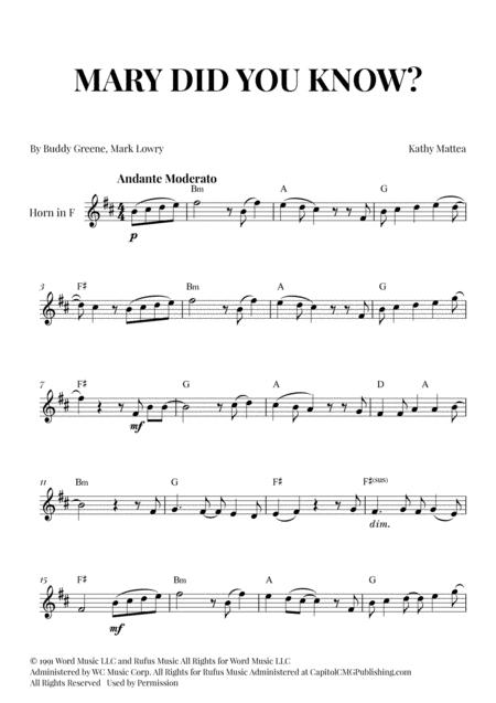 Free Sheet Music Mary Did You Know For French Horn With Chords