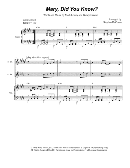 Free Sheet Music Mary Did You Know For Saxophone Trio