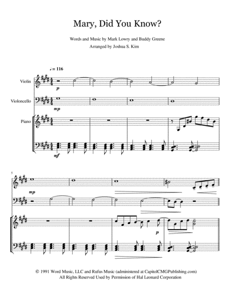 Free Sheet Music Mary Did You Know For Trio Violin Cello Piano