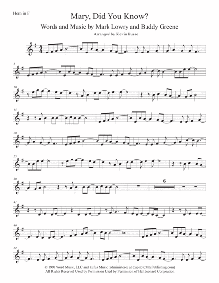 Free Sheet Music Mary Did You Know Original Key Horn In F