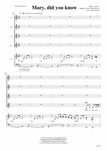 Free Sheet Music Mary Did You Know Ssaa Piano